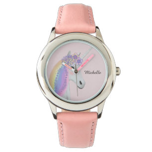 Montre Fille personnalisée de rose en pastel de licorne