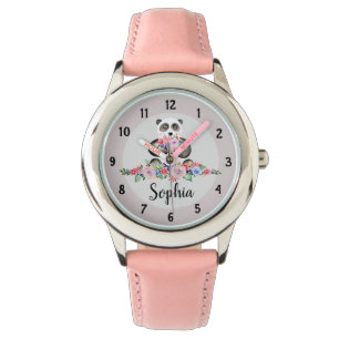 Montre Filles Belles Fleurs Aquarelles Panda et nom