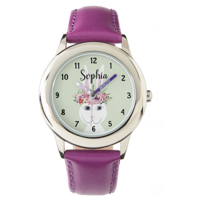 Montre Filles mignonne Floral Aquarelle Rabbit et nom Enf (devant)