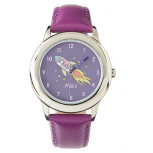 Montre Filles mignonne violet Rocket Ship Space and Name 