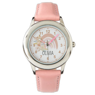 Montre Filles mignonnes Arc-en-ciel Fleurs Boho rose Nom 