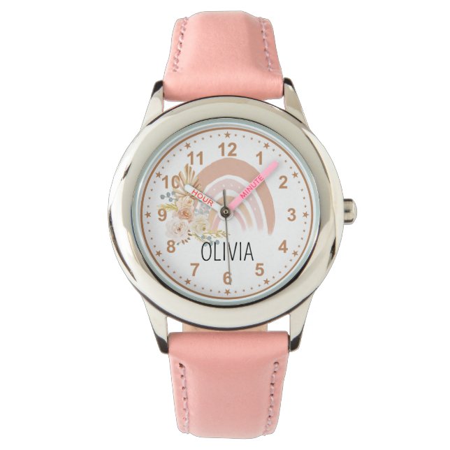 Montre Filles mignonnes Arc-en-ciel Fleurs Boho rose Nom  (devant)