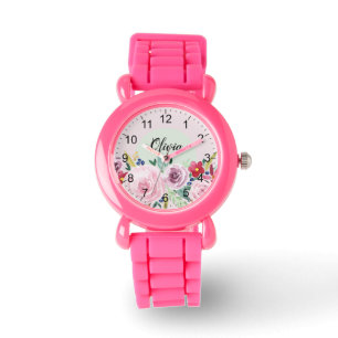 Montre Filles mignonnes fleurs botaniques roses et nom Ki