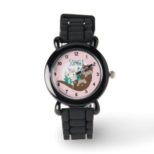 Montre Filles mignonnes Fleurs de loutre de rivière rose 