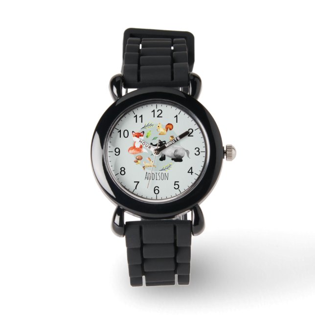 Montre Filles mignonnes Forêt Boisée Animaux Fox & Nom En (Recto)