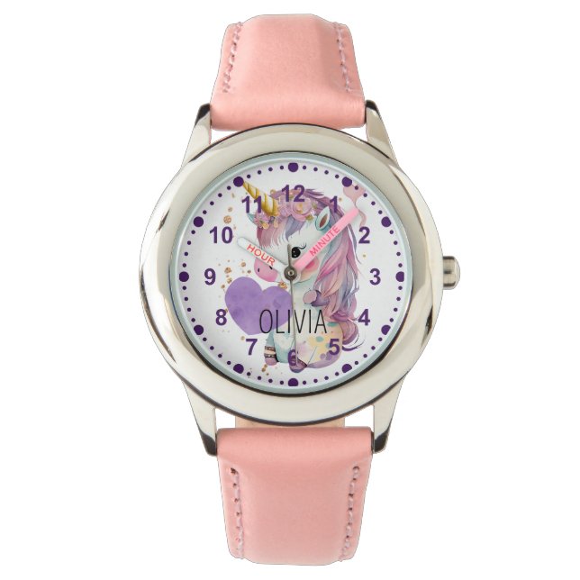 Montre Filles mignonnes Unicorne Magique Purple Nom Perso (devant)