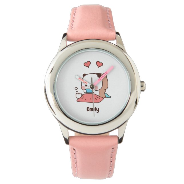 Montre Filles Personnalisées Nom Rose, Mignonne Ours Pand (devant)