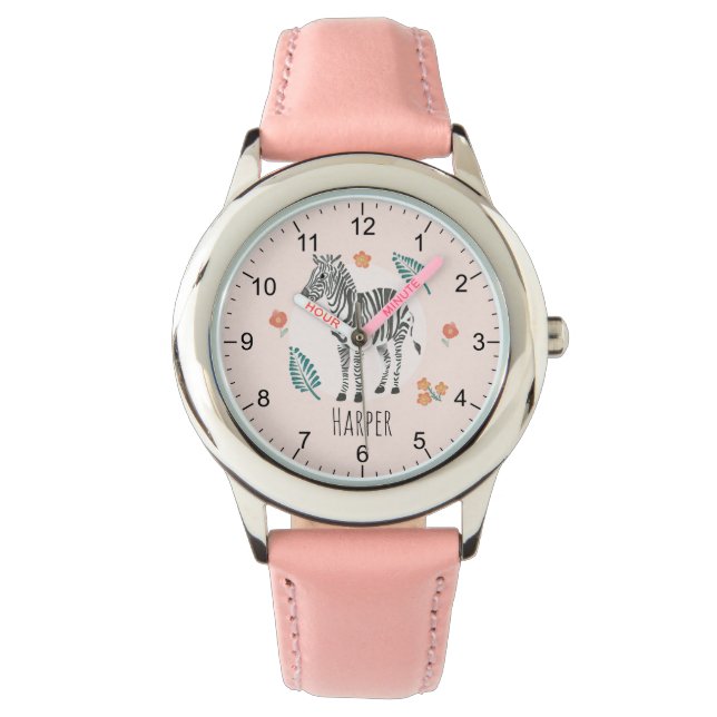 Montre Filles Rose Aquarelle Safari Zèbre et nom Enfants (devant)