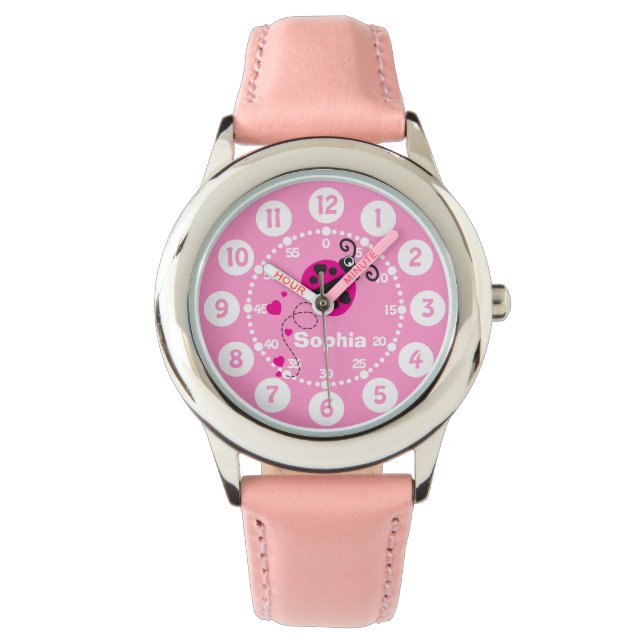 Montre Filles rose coccinelle coeur blanc nom poignet mon (devant)