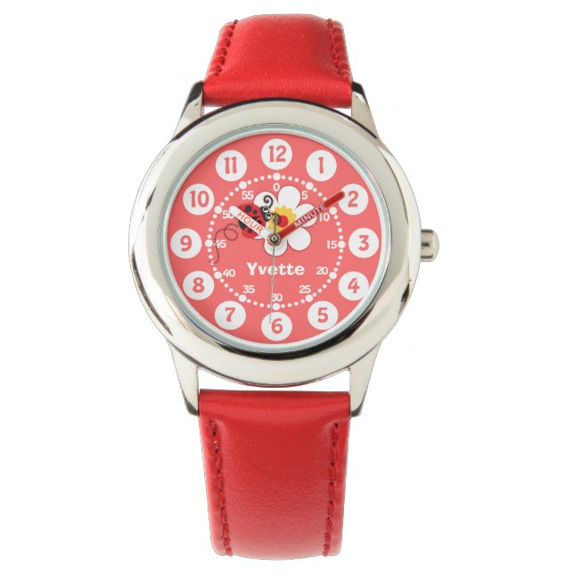 Montre Filles rousse coccinelle, nom blanc bracelet (devant)