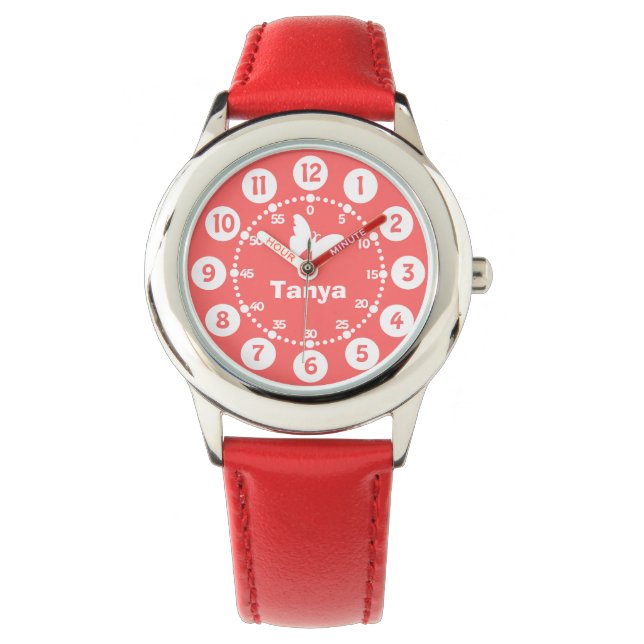 Montre Filles violet, rose, blanc pleine nom bracelet (devant)