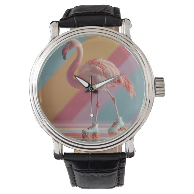 Montre Flamant rose fantaisiste sur des patins à roulette (devant)
