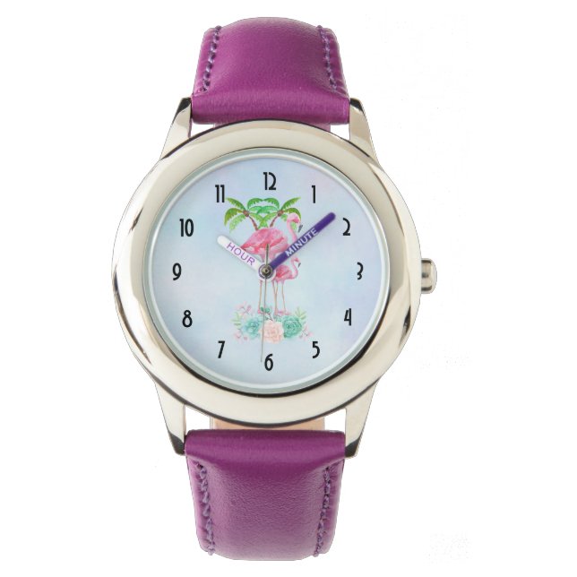 Montre Flamant rose rose Momma & bébé avec palmiers (devant)