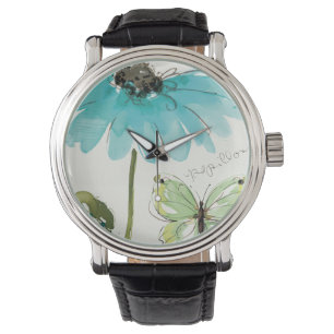Montre Fleur bleue et papillon