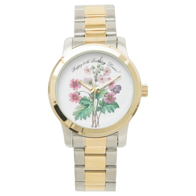 Montre Fleur d'aquarelle personnalisée (texte) rose et vi (devant)