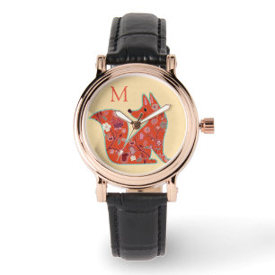 Montre Fleur d'art folklorique Motif Fox Monogramme