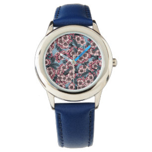 Montre Fleur de cerisier rose et bleu