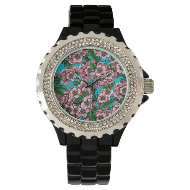 Montre Fleur de cerisier sur bleu (devant)