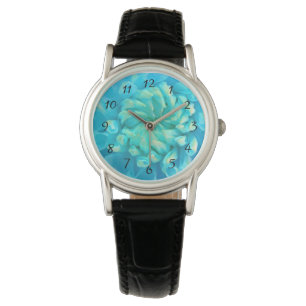 Montre Fleur de dahlia de bleu de turquoise dans