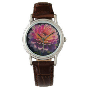 Montre Fleur de dahlia rose et orange chaud