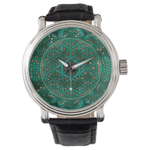 Montre Fleur de la vie Point Art malachite or