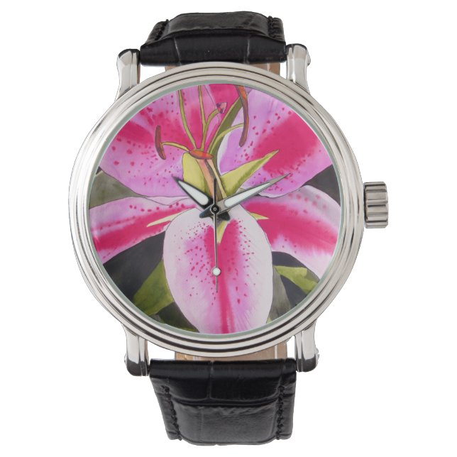 Montre Fleur de lièvre rose chaud aquarelle pop art fleur (devant)