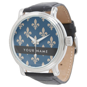 Montre Fleur de Lis, Beige sur Bleu Nuit, Royal, Votre No