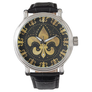 Montre Fleur de lis - décoration circulaire - Or et noir