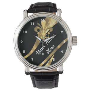 Montre Fleur de lys noir et or personnalisée
