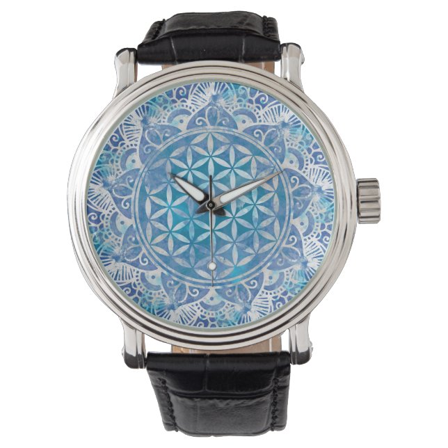 Montre Fleur de vie à Lotus - Aquarelle Bleu (devant)