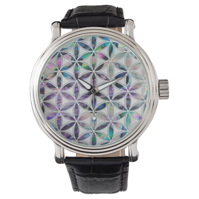 Montre Fleur de vie Coquille d'ormeau sur perle (devant)
