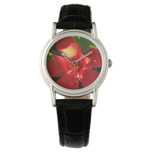 Montre Fleur d'Hibiscus rouge au soleil (devant)