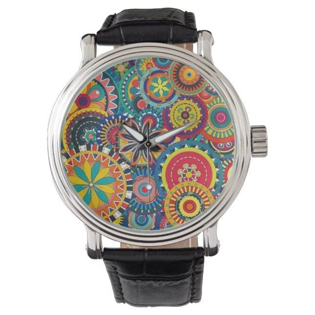 Montre Fleur éclate Vintage bracelet en cuir Black Watch (devant)