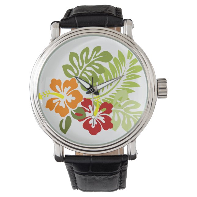 Montre Fleur Feuilles tropicaux Hibiscus Hawaii Rouge Ora (devant)