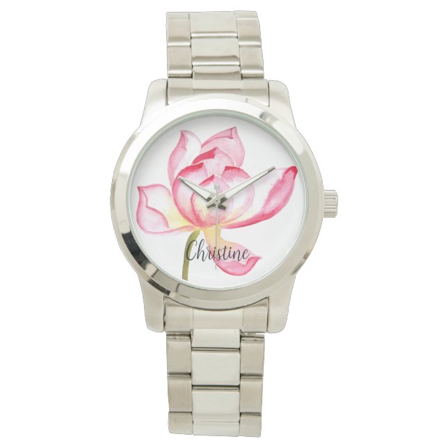 Montre Fleur Lotus rose Aquarelle (devant)
