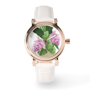 Montre Fleur rose de Medinilla tropicale sur blanc