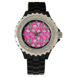 MONTRE FLEURS BLANCHES ART DÉCO ET PARROTS VERTS EN ROSE