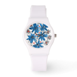 Montre Fleurs bleues et blanches