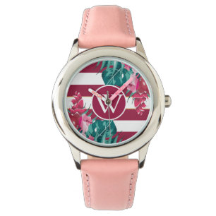 Montre Fleurs Bourgogne design Monogrammes rayés