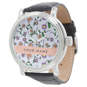 Montre Fleurs Colorées, Fond Bleu, Orange
