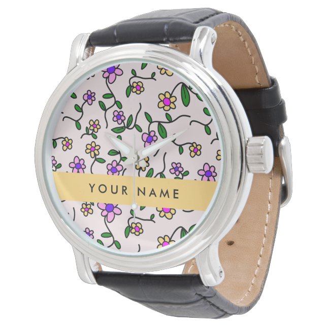 Montre Fleurs Colorées, Fond Rose, Jaune (Incliné)