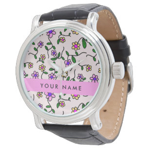 Montre Fleurs Colorées, Fond Rose, Rose