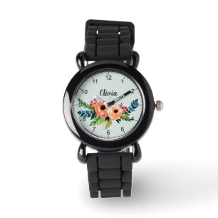 Montre Fleurs d'aquarelle florale mignonnes et nom