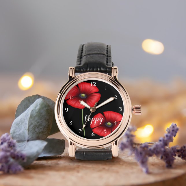 Montre Fleurs de pavot rouge sur Noir Personnalisé (Add your  name to this pretty poppy watch)