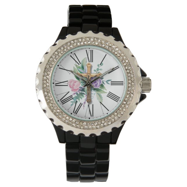 Montre Fleurs de printemps | Crucifix | Numéros romains (devant)