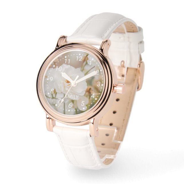 Montre Fleurs De Rose Blanche Romantique Photo Et Nom Per (Angle)