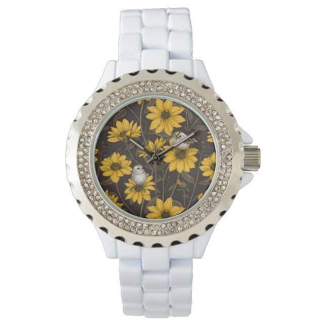 Montre Fleurs de soleil sauvages et crêtes d'or/ jaune (devant)