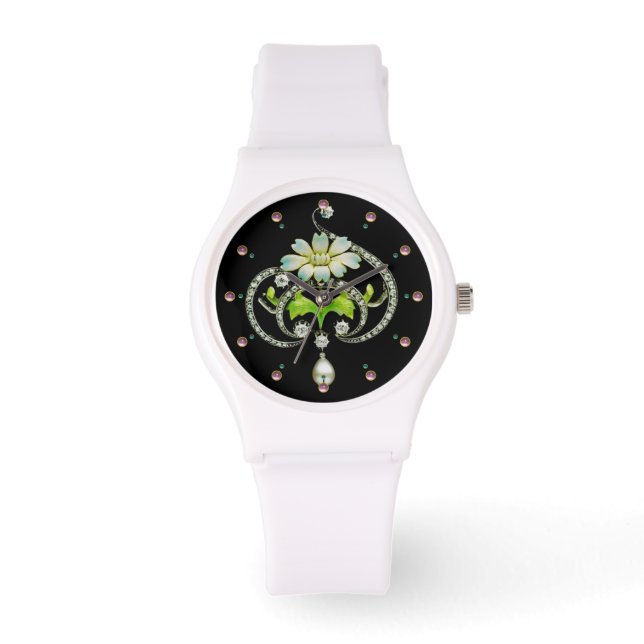 MONTRE FLEURS D'ENAMÉRIQUE BLANC IMPRIMÉE, PERLES ET DIAM (Recto)