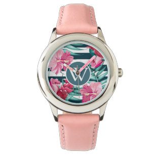 Montre Fleurs d'été exotiques design Monogramme rayé