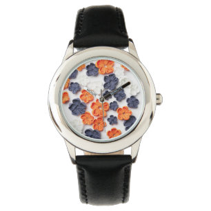 Montre Fleurs en tissu cousu à la main printemps orange b